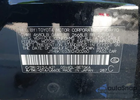 2011 Lexus Es 350 из США, поврежденный, VIN JTHBK1EG3B2420260